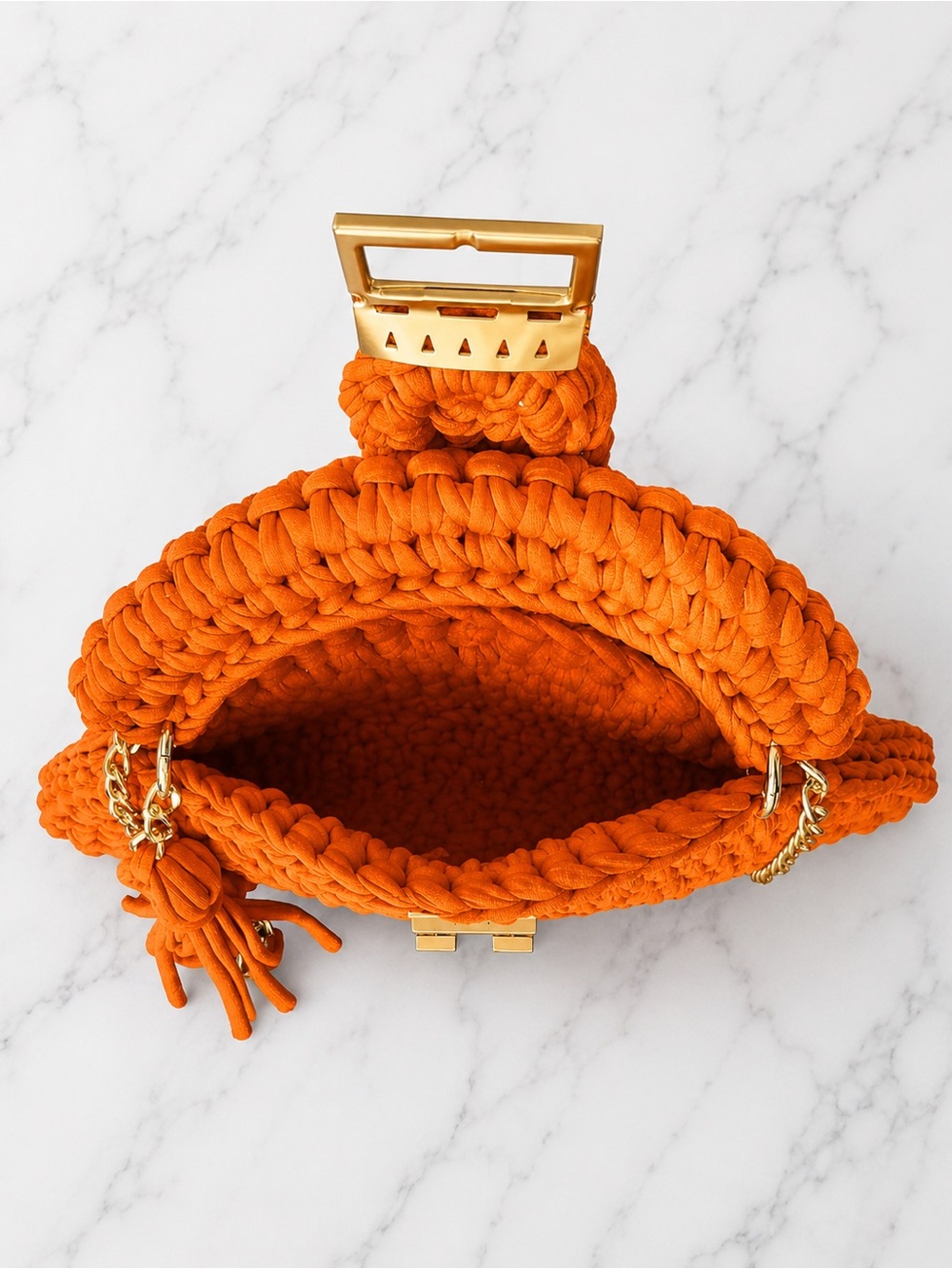 Handmade Crochet Knit, Top Handle Crossbody Satchel Bag with Gold Hardware - Picture 3 of 4